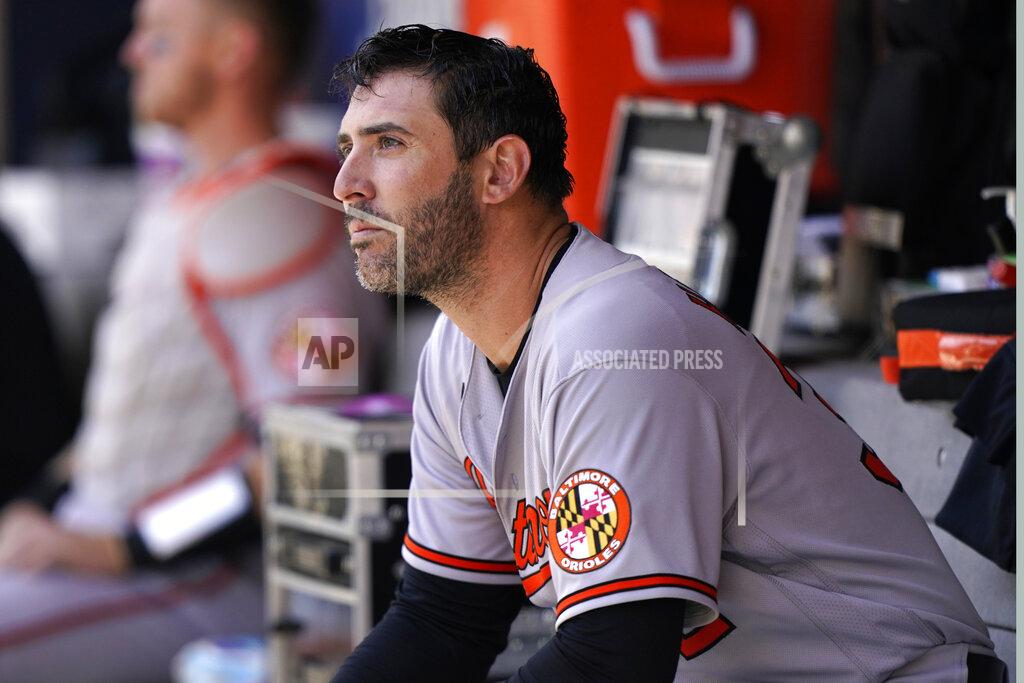 Kathy Willens Baltimore Orioles starting pitcher Matt Harvey sits in the dugout during the first inning of a baseball game against the New York Mets, Wednesday, May 12, 2021, in New York. (AP Photo/Kathy Willens)