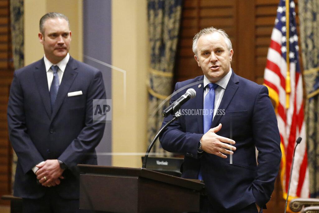 Sue Ogrocki FILE - In this May 4, 2020, file photo, Oklahoma House Speaker Charles McCall, left, R-Atoka, looks on as Senate President Pro Tempore Greg Treat, right, R-Oklahoma City, answers a question at a news conference in Oklahoma City. Oklahoma House and Senate leaders on Friday, Jan. 29, 2021, announced safety protocols for the upcoming legislative session that include encouraging, but not requiring, lawmakers wear masks when at the state Capitol. (AP Photo/Sue Ogrocki, File)