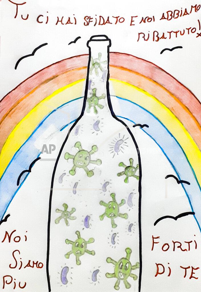 Elena Moretti This photo shows a drawing by Elena Moretti of Rome made during the 2020 COVID-19 coronavirus pandemic lockdown, depicting the virus captured in a bottle. “The virus wanted to attack us, so instead of bringing us down, we counterattack and imprison it,” she says. (Elena Moretti via AP)