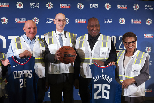 Los Angeles Clippers owner Steve Ballmer, left to right, NBA Commissioner Adam Silver, Inglewood Mayor James Butts and Los Angeles Mayor Karen Bass pose for a photo at the Intuit Dome in Inglewood, Calif., Tuesday, Jan. 16, 2024. The NBA has awarded the 2026 All-Star Game to the Los Angeles Clippers' new arena, which is set to open in time for the 2024-25 season. (AP Photo/Damian Dovarganes)