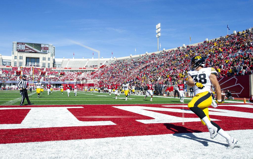 Doug Mcschooler Iowa tight end T.J. Hockenson (38) reacts in the end zone after scoring a touchdown in the second half of an NCAA college football game Saturday, Oct. 13, 2018, in Bloomington, Ind. Iowa won 42-16. (AP Photo/Doug McSchooler)