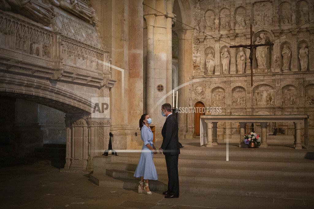 David Zorrakino Spain's King Felipe VI and Queen Letizia visit the Royal Monastery of Poblet, northeastern Spain, Monday, July 20, 2020. Hundreds of Catalan independence supporters are protesting Monday the visit of King Felipe VI and Queen Letizia to the northeastern region as part of a royal tour across Spain that is meant to bolster spirits amid the coronavirus pandemic. The visit comes as a barrage of media leaks have revealed how the king's father, former monarch Juan Carlos I, allegedly hid millions of untaxed euros in offshore funds. (David Zorrakino/Europa Press via AP)