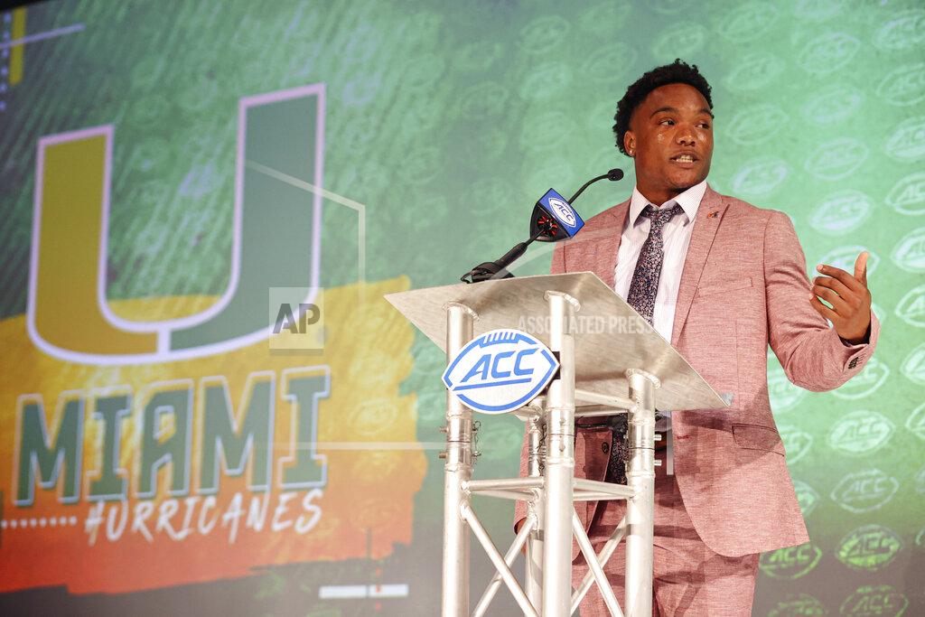Nell Redmond Miami quarterback D'Eriq King answers a question during the NCAA college football Atlantic Coast Conference media days in Charlotte, N.C., Wednesday, July 21, 2021. (AP Photo/Nell Redmond)