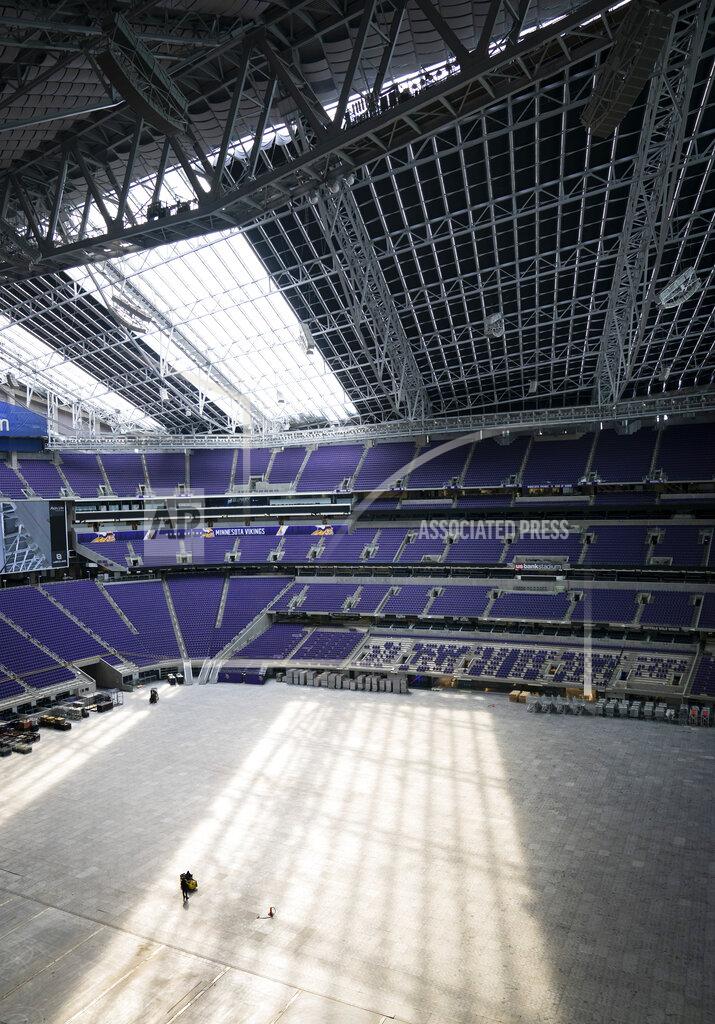 A portion of the rook is darkened with curtains as U.S. Bank Stadium in Minneapolis prepares for the NCAA college basketball Final Four, Tuesday, March 5, 2019. (Renee Jones Schneider/Star Tribune via AP)