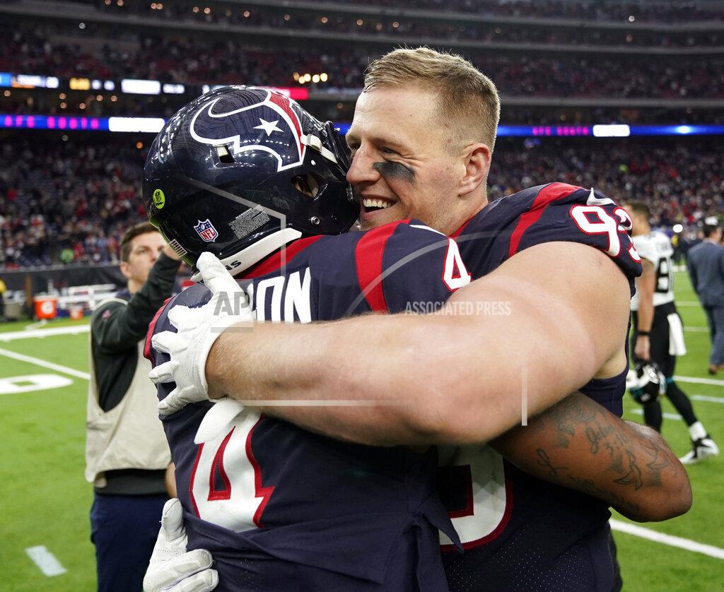 David J. Phillip Houston Texans quarterback Deshaun Watson (4) and defensive end J.J. Watt (99) embrace after their win over the Jacksonville Jaguars in an NFL football game, Sunday, Dec. 30, 2018, in Houston. (AP Photo/David J. Phillip)