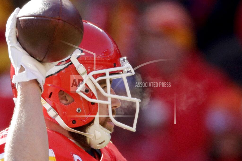 Charlie Riedel Kansas City Chiefs' Travis Kelce warms up before the NFL AFC Championship football game against the Tennessee Titans Sunday, Jan. 19, 2020, in Kansas City, MO. (AP Photo/Charlie Riedel)