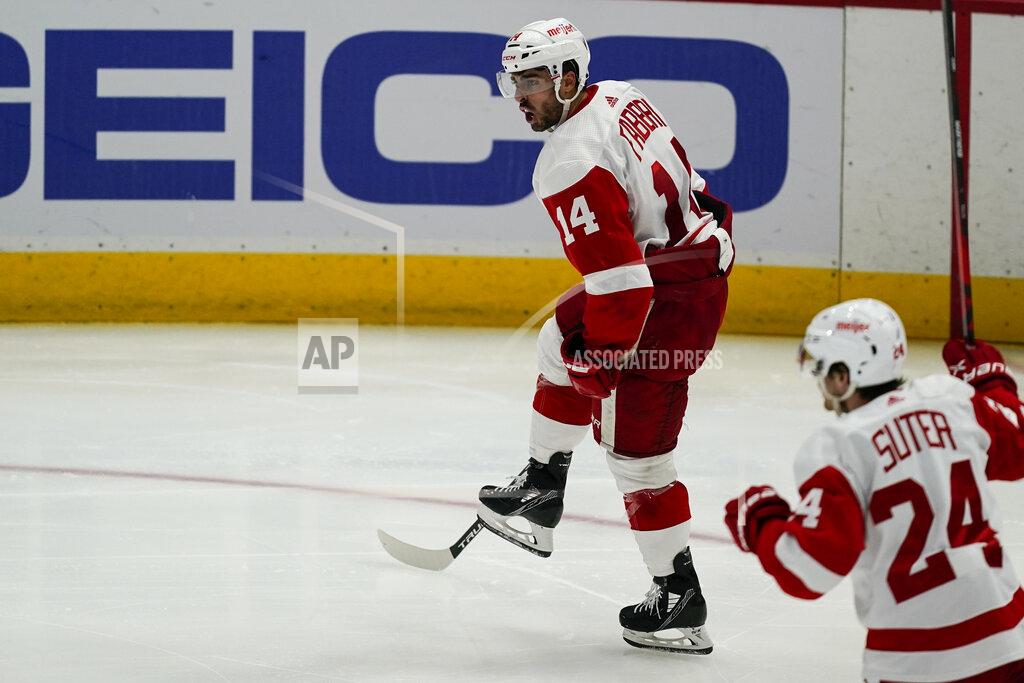 Alex Brandon Detroit Red Wings center Robby Fabbri (14) celebrates his goal in the third period of an NHL hockey game against the Washington Capitals, Wednesday, Oct. 27, 2021, in Washington. The Red Wings won 3-2 in overtime. (AP Photo/Alex Brandon)