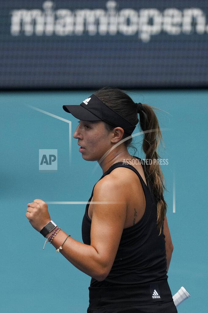 Rebecca Blackwell Jessica Pegula of the U.S. celebrates as she wins a game against Paula Badosa of Spain in their quarterfinal match at the Miami Open tennis tournament, Wednesday, March 30, 2022, in Miami Gardens, Fla. (AP Photo/Rebecca Blackwell)
