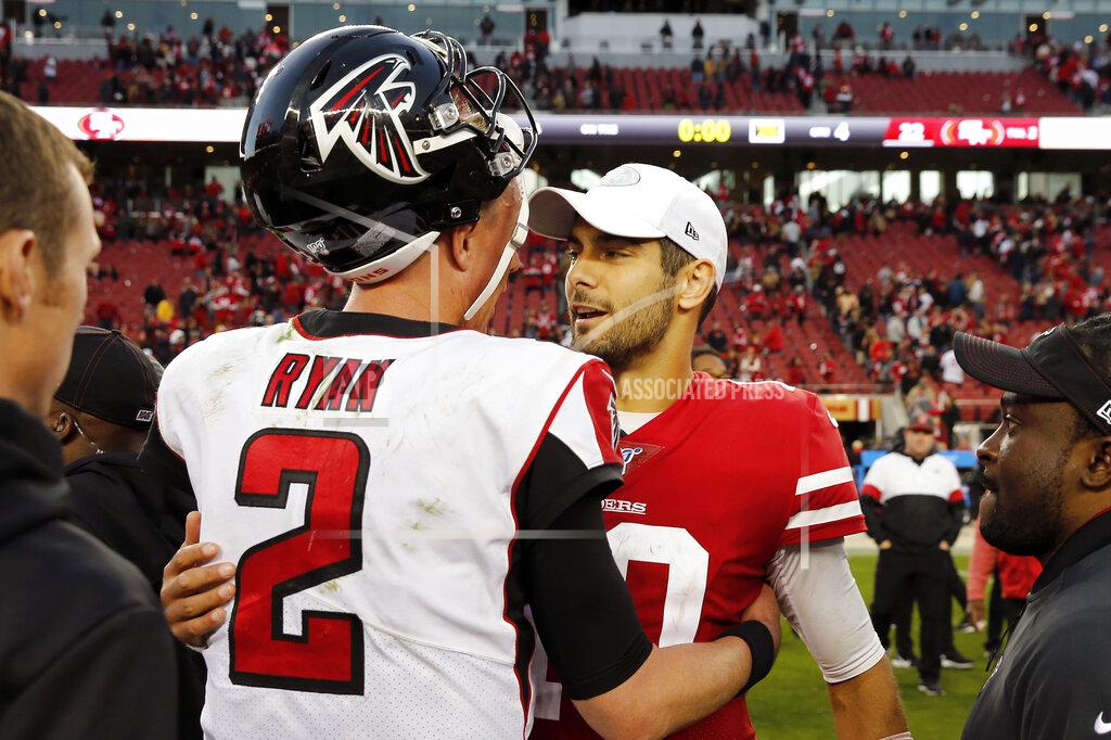 John Hefti Atlanta Falcons quarterback Matt Ryan (2) greets San Francisco 49ers quarterback Jimmy Garoppolo after an NFL football game in Santa Clara, Calif., Sunday, Dec. 15, 2019. (AP Photo/John Hefti)
