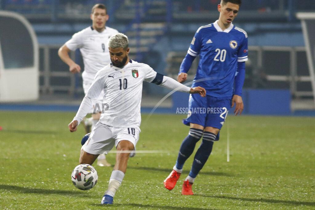 Kemal Softic Italy's Lorenzo Insigne, left, in action during the UEFA Nations League soccer match between Bosnia and Italy, in Sarajevo, Bosnia, Wednesday, Nov. 18, 2020. (AP Photo/Kemal Softic)