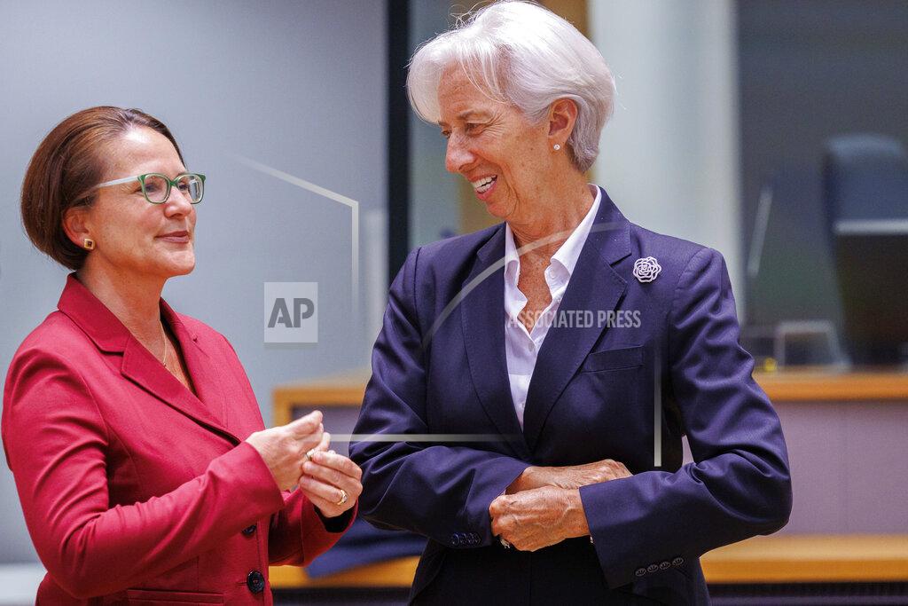 Olivier Matthys Finance Minister of Luxembourg Yuriko Backes, left, talks with European Central Bank ECB President Christine Lagarde prior to a meeting of eurogroup finance ministers at the European Council building in Brussels, Monday, May 23, 2022. Ministers from eurozone countries discuss economic governance and fiscal policies. (AP Photo/Olivier Matthys)