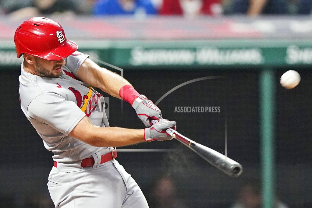Tony Dejak St. Louis Cardinals' Paul DeJong hits a two-run home run during the seventh inning of the team's baseball game against the Cleveland Indians, Tuesday, July 27, 2021, in Cleveland. (AP Photo/Tony Dejak)