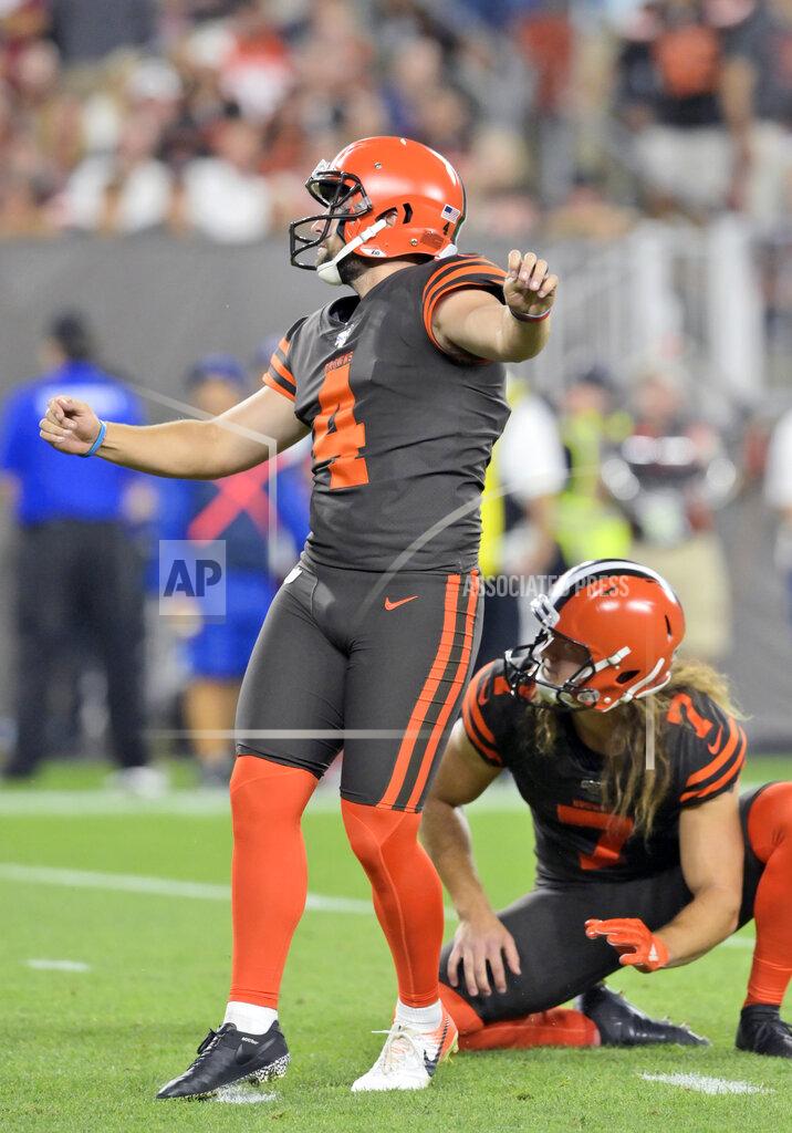 David Richard Cleveland Browns kicker Austin Seibert (4) watches his 23-yard field goal during the first half of an NFL football game against the Los Angeles Rams, Sunday, Sept. 22, 2019, in Cleveland. (AP Photo/David Richard)