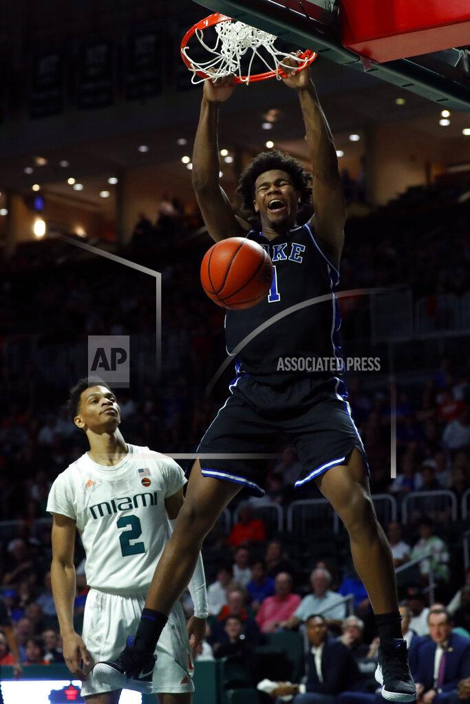 Wilfredo Lee Duke forward Vernon Carey Jr. (1) dunks against Miami guard Isaiah Wong (2) during the second half of an NCAA college basketball game, Saturday, Jan. 4, 2020, in Coral Gables, Fla. (AP Photo/Wilfredo Lee)