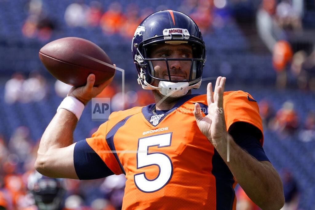 Jack Dempsey Denver Broncos quarterback Joe Flacco (5) warms up prior to an NFL football game against the Chicago Bears, Sunday, Sept. 15, 2019, in Denver. (AP Photo/Jack Dempsey)