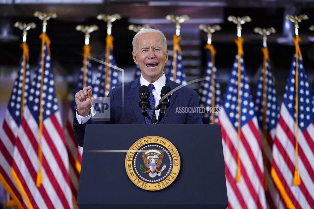 Evan Vucci President Joe Biden delivers a speech on infrastructure spending at Carpenters Pittsburgh Training Center, Wednesday, March 31, 2021, in Pittsburgh. (AP Photo/Evan Vucci)