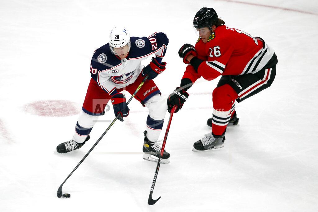 Jeff Haynes Columbus Blue Jackets center Riley Nash (20) keeps the puck away from Chicago Blackhawks defenseman Nikita Zadorov (16) during the third period of an NHL hockey game Sunday, Jan. 31, 2021, in Chicago. (AP Photo/Jeff Haynes)