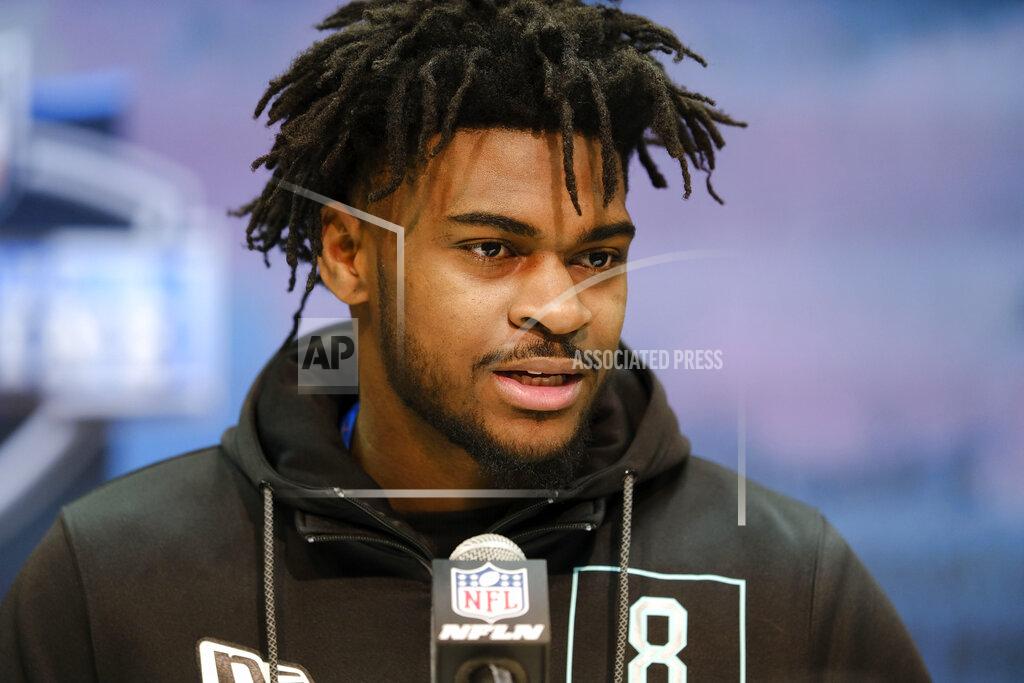 Aj Mast Alabama defensive back Trevon Diggs speaks during a press conference at the NFL football scouting combine in Indianapolis, Friday, Feb. 28, 2020. (AP Photo/AJ Mast)