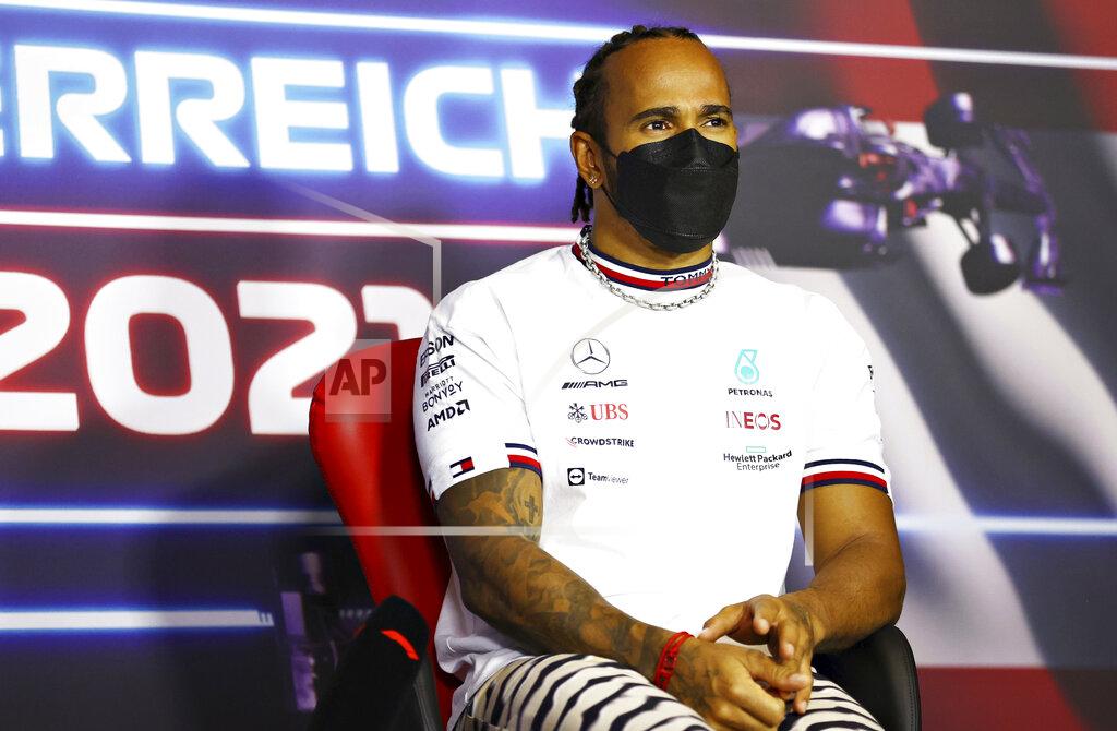 Bryn Lennon Mercedes driver Lewis Hamilton of Britain attends a media conference ahead of the Austrian Formula One Grand Prix at the Red Bull Ring racetrack in Spielberg, Austria, Thursday, July 1, 2021. (Bryn Lennon/Pool Photo via AP)