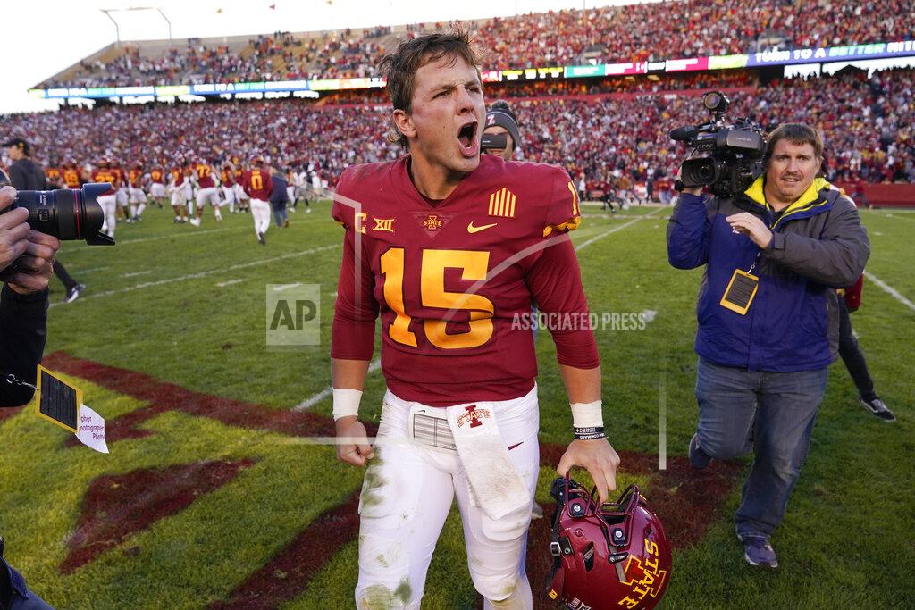 Charlie Neibergall Iowa State quarterback Brock Purdy (15) celebrates after an NCAA college football game against Oklahoma State, Saturday, Oct. 23, 2021, in Ames, Iowa. Iowa State won 24-21. (AP Photo/Charlie Neibergall)