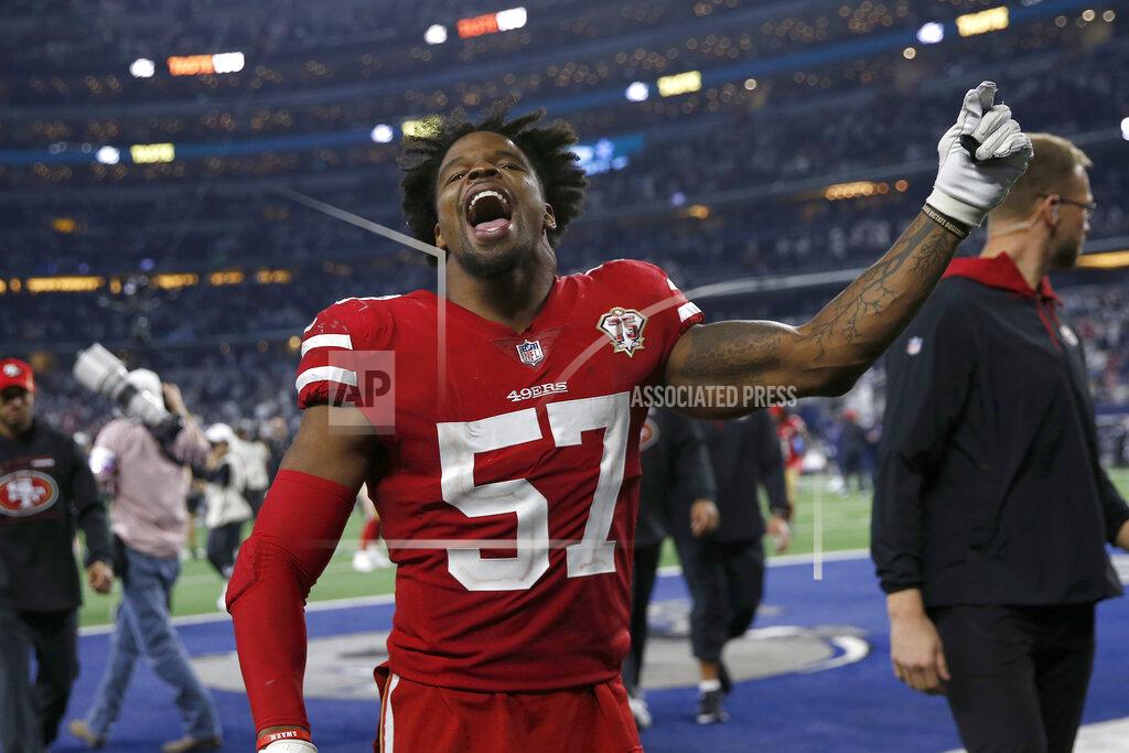 Roger Steinman San Francisco 49ers outside linebacker Dre Greenlaw (57) celebrates after the 49ers defeated the Dallas Cowboys in an NFL wild-card playoff football game in Arlington, Texas, Sunday, Jan. 16, 2022. (AP Photo/Roger Steinman)