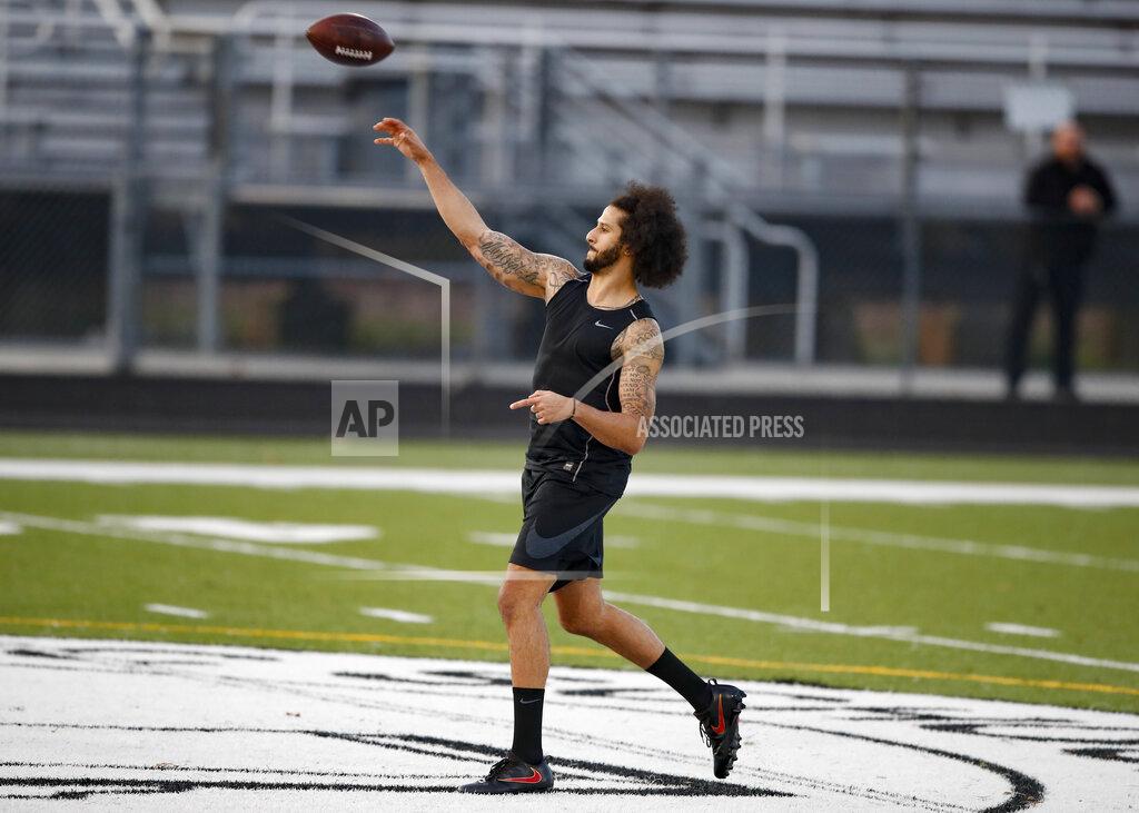 Todd Kirkland Free agent quarterback Colin Kaepernick participates in a workout for NFL football scouts and media, Saturday, Nov. 16, 2019, in Riverdale, Ga. (AP Photo/Todd Kirkland)