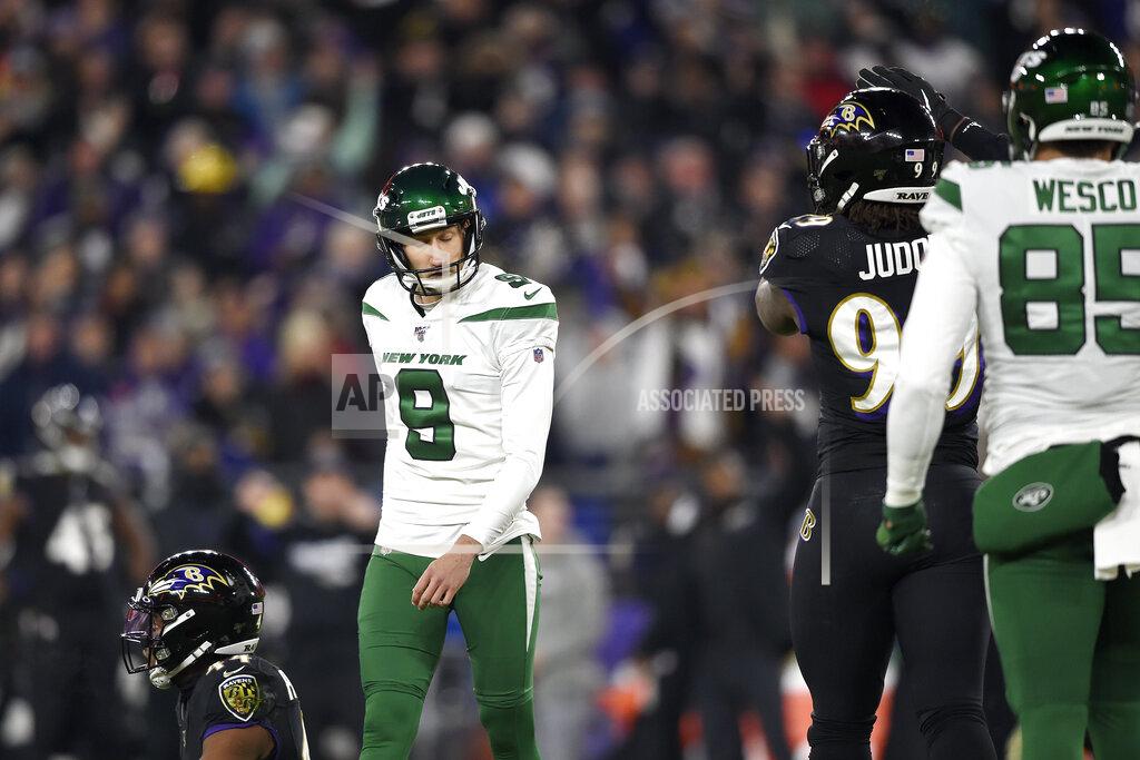 Gail Burton New York Jets kicker Sam Ficken (9) reacts after missing a field goal against the Baltimore Ravens during the first half of an NFL football game, Thursday, Dec. 12, 2019, in Baltimore. (AP Photo/Gail Burton)