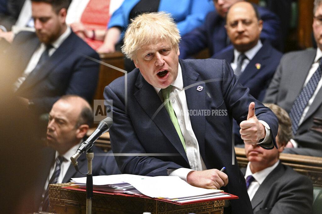 Jessica Taylor In this photo issued by UK Parliament, Britain's Prime Minister Boris Johnson speaks during Prime Minister's Questions in the House of Commons, London, Wednesday, May 18, 2022. (Jessica Taylor/UK Parliament via AP)