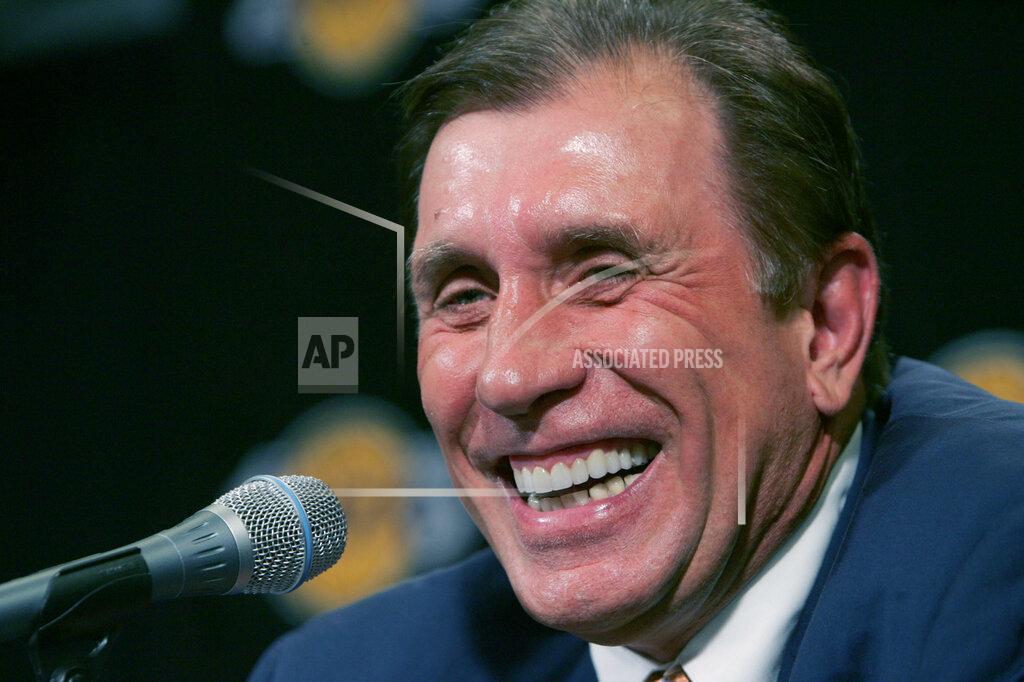 Chris Carlson FILE - In this July 10, 2004 file photo, Two-time NBA champion Rudy Tomjanovich answers questions at a news conference after being named The Los Angeles Lakers new head coach in Los Angeles. Tomjanovich, Kobe Bryant and fellow NBA greats Tim Duncan and Kevin Garnett headlined a nine-person group announced Saturday, April 4, 2020, as this year’s class of enshrinees into the Naismith Memorial Basketball Hall of Fame. (AP Photo/Chris Carlson, File)