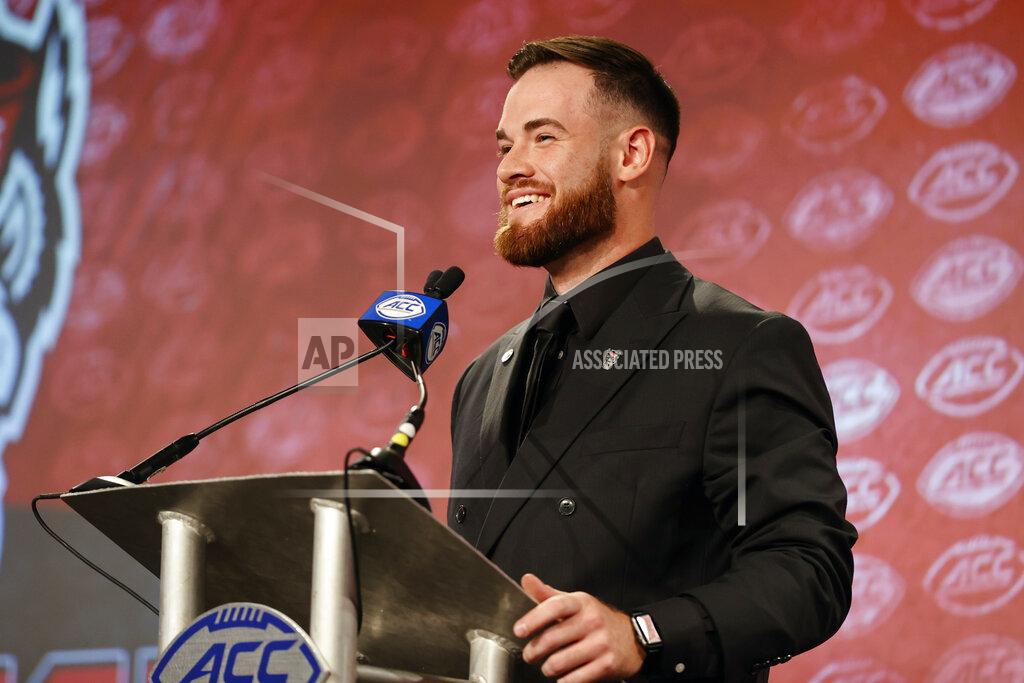 Nell Redmond North Carolina State quarterback Devin Leary answers a question at the NCAA college football Atlantic Coast Conference Media Days in Charlotte, N.C., Wednesday, July 20, 2022. (AP Photo/Nell Redmond)