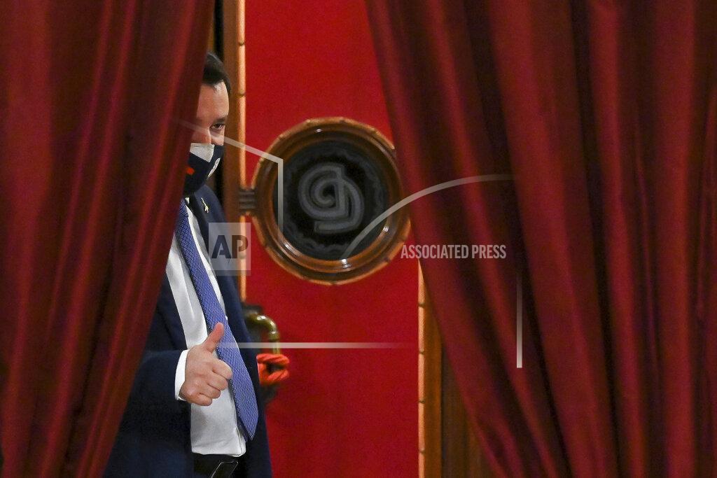 Alessandro Di Meo The League's Matteo Salvini gives the thumbs up as he arrives to address the media after meeting with former European Central Bank chief Mario Draghi, at the Chamber of Deputies, in Rome, Tuesday, Feb. 9, 2021. Draghi has secured pledges of backing from nearly every party in the Italian Parliament as he wrapped up political consultations Tuesday aimed at giving the pandemic-ravaged nation a new government, likely later this week. (Alessandro Di Meo/Pool via AP)