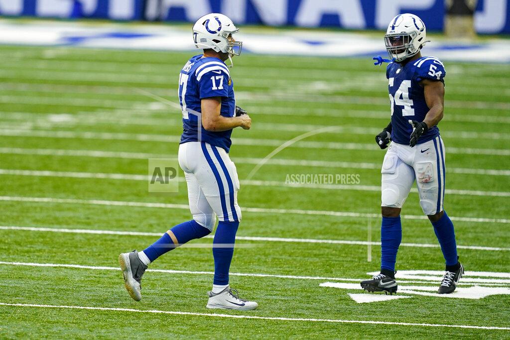 Darron Cummings Indianapolis Colts quarterback Philip Rivers (17) walks off the field after turning the ball over on downs against the Baltimore Ravens in the second half of an NFL football game in Indianapolis, Sunday, Nov. 8, 2020. (AP Photo/Darron Cummings)