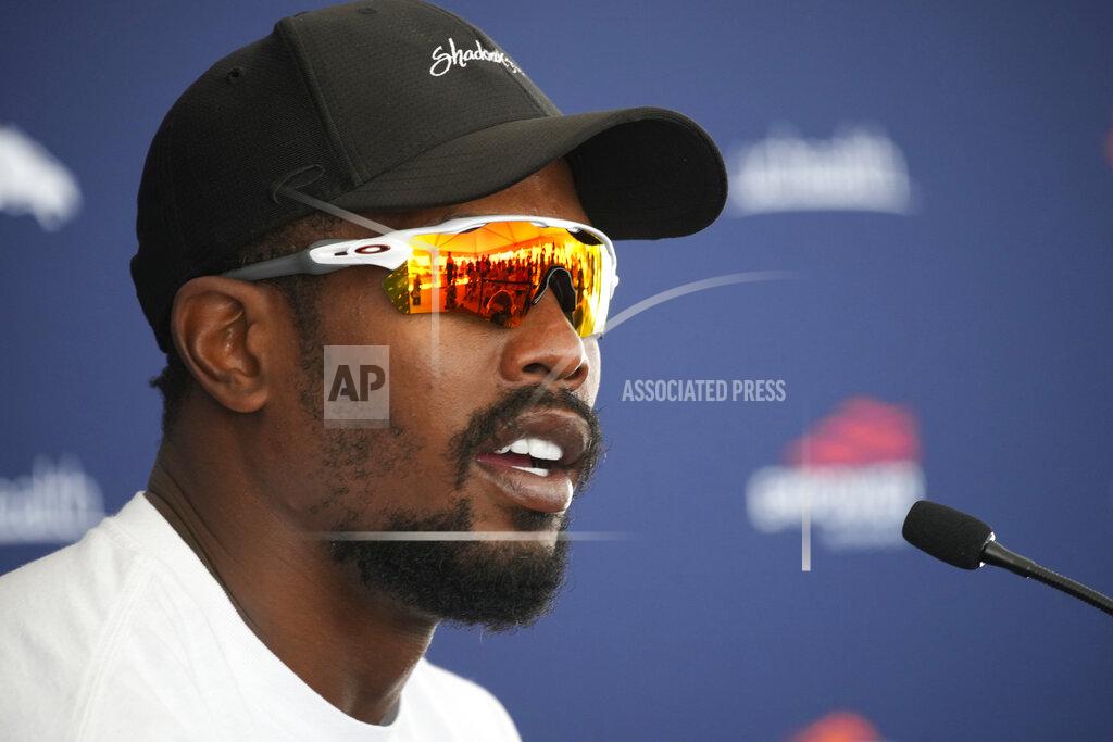 David Zalubowski Denver Broncos linebacker Von Miller talks to reporters Tuesday, July 27, 2021, in Englewood, Colo., before the NFL football team's training camp. (AP Photo/David Zalubowski)