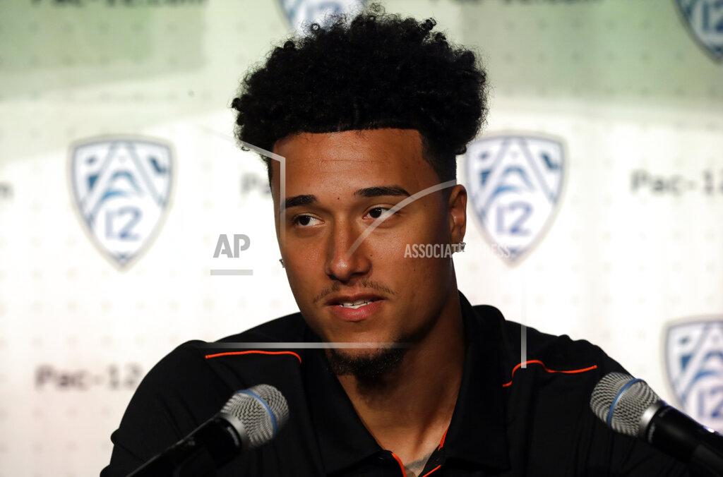 Marcio Jose Sanchez Oregon State wide receiver Isaiah Hodgins answer questions during the Pac-12 Conference NCAA college football Media Day Wednesday, July 24, 2019, in Los Angeles. (AP Photo/Marcio Jose Sanchez)
