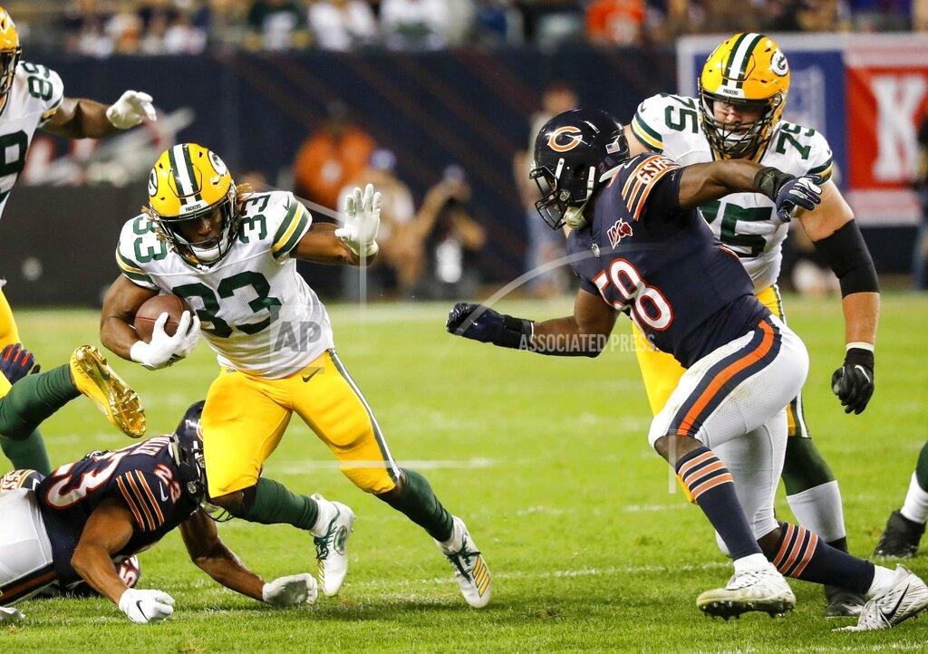 Charles Rex Arbogast Green Bay Packers' Aaron Jones runs during the second half of an NFL football game against the Chicago Bears Thursday, Sept. 5, 2019, in Chicago. (AP Photo/Charles Rex Arbogast)