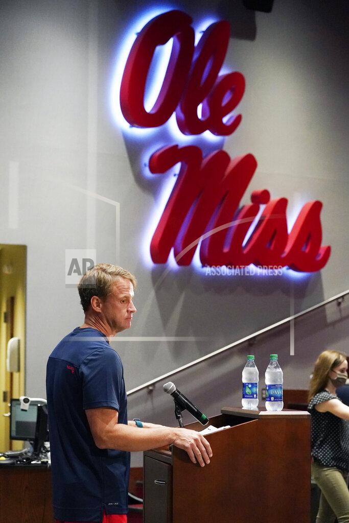 Rogelio V. Solis Mississippi football coach Lane Kiffin answers a reporter's question following an NCAA college football practice on the Oxford, Miss., campus, Monday, Aug. 9, 2021. (AP Photo/Rogelio V. Solis)