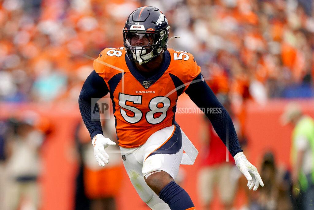 Jack Dempsey FILE - In this Sept. 15, 2019, file photo, Denver Broncos outside linebacker Von Miller (58) chases a play against the Chicago Bears during the second half of an NFL football game in Denver. Von Miller is determined to show a so-so 2019 was an oddity, not an omen. (AP Photo/Jack Dempsey, File)