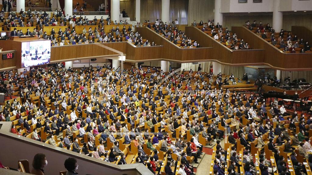 Cheon Kyung-Hwan Christians attend a service while maintaining social distancing at the Yoido Full Gospel Church in Seoul, South Korea, Sunday, May 17, 2020. (Cheon Kyung-hwan/Yonhap via AP)