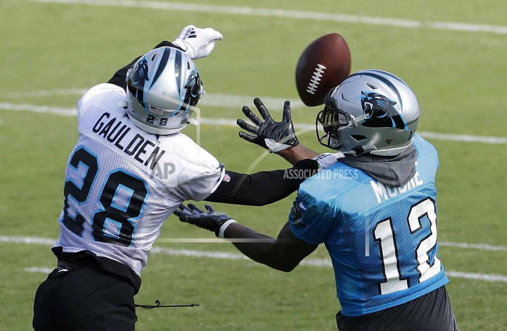 Chuck Burton Carolina Panthers' DJ Moore (12) battles Rashaan Gaulden (28) for a pass during practice at the NFL football team's training camp in Spartanburg, N.C., Friday, July 26, 2019. (AP Photo/Chuck Burton)