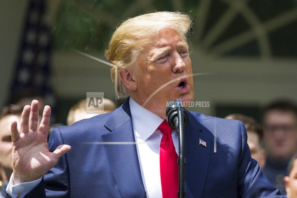 Alex Brandon President Donald Trump speaks during the presentation of the Commander-in-Chief's Trophy to the U.S. Military Academy at West Point football team in the Rose Garden of the White House, Monday, May 6, 2019, in Washington. (AP Photo/Alex Brandon)