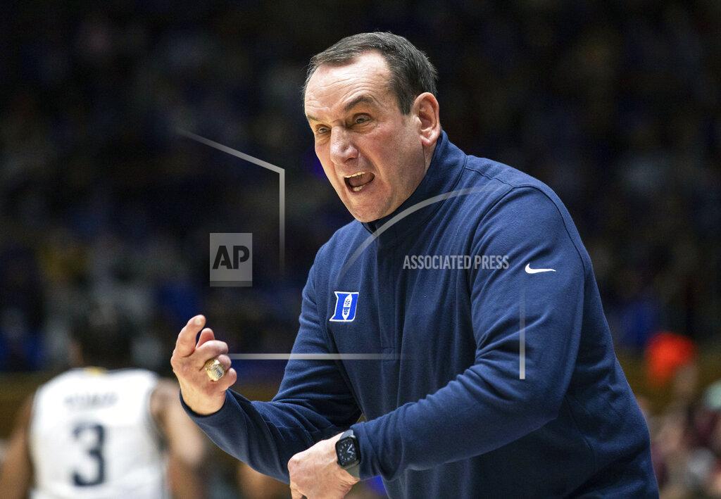 Ben Mckeown Duke head coach Mike Krzyzewski shouts at an official during the first half of an NCAA college basketball game against Virginia Tech in Durham, N.C., Wednesday, Dec. 22, 2021. (AP Photo/Ben McKeown)