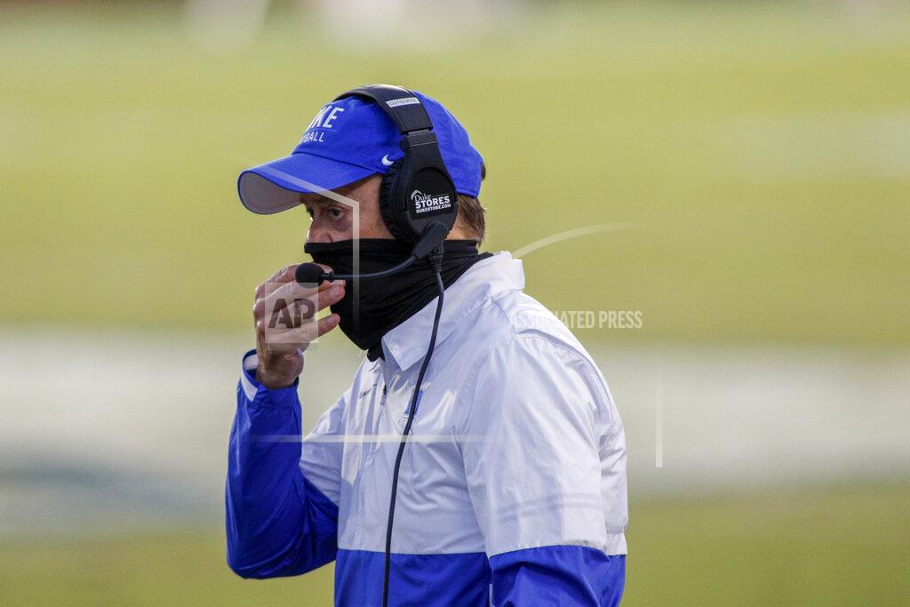 Nell Redmond Duke head coach David Cutcliffe watches his team play against Virginia Tech during the second half of an NCAA college football game Saturday, Oct. 3, 2020, in Durham, N.C. (Nell Redmond/Pool Photo via AP)