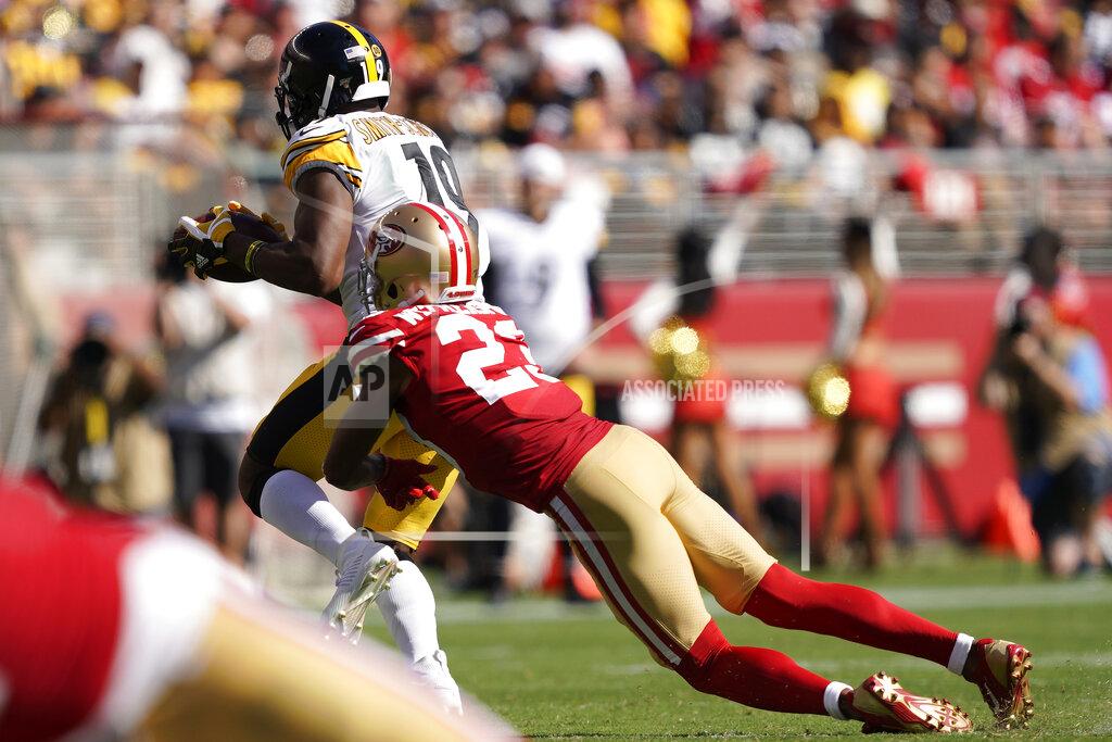 Tony Avelar Pittsburgh Steelers wide receiver JuJu Smith-Schuster (19) runs past San Francisco 49ers cornerback Ahkello Witherspoon (23) to score a touchdown during the second half of an NFL football game in Santa Clara, Calif., Sunday, Sept. 22, 2019. (AP Photo/Tony Avelar)