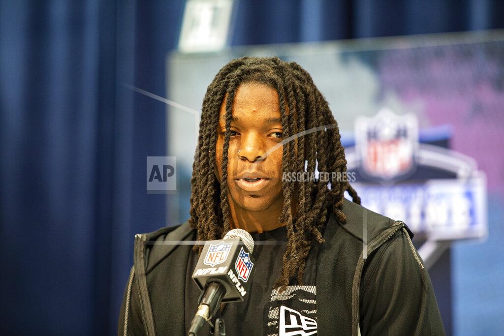 Laviska Shenault Jr. talks to the media at the NFL Scouting Combine on Tuesday, Feb. 25, 2020 in Indianapolis. (Detroit Lions via AP)