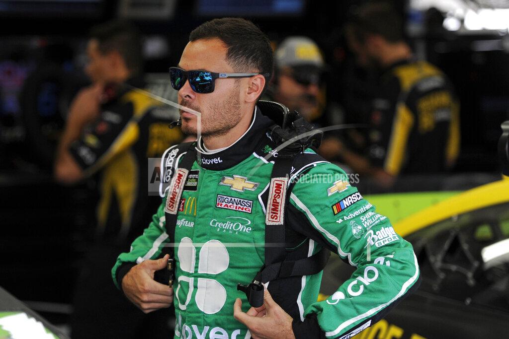 Mike Mccarn Kyle Larson waits in the garage during practice for Sunday's NASCAR Cup Series auto race at Charlotte Motor Speedway in Concord, N.C., Saturday, Sept. 28, 2019. (AP Photo/Mike McCarn)