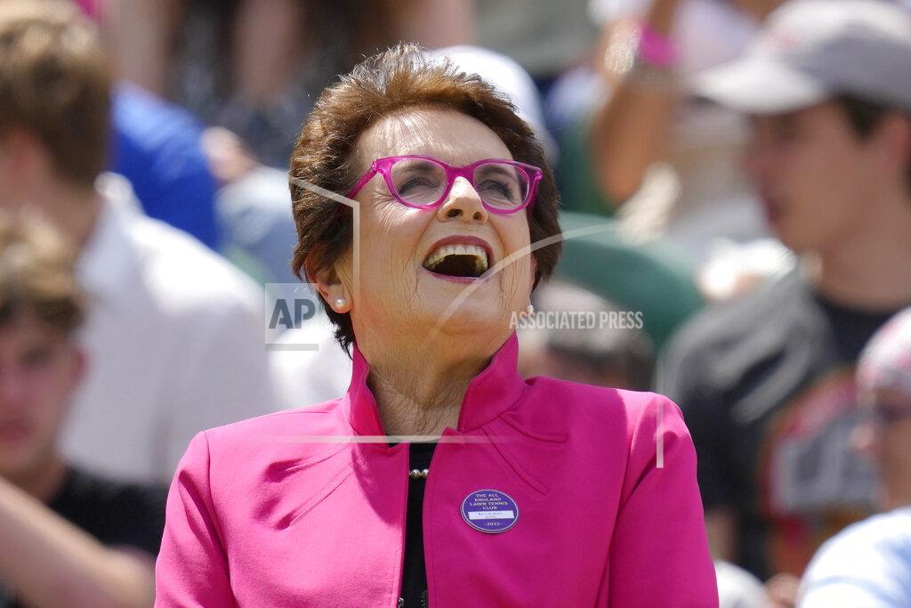 Kirsty Wigglesworth U.S. tennis legend Billie Jean King laughs during a 100 years of Centre Court celebration on day seven of the Wimbledon tennis championships in London, Sunday, July 3, 2022. (AP Photo/Kirsty Wigglesworth)