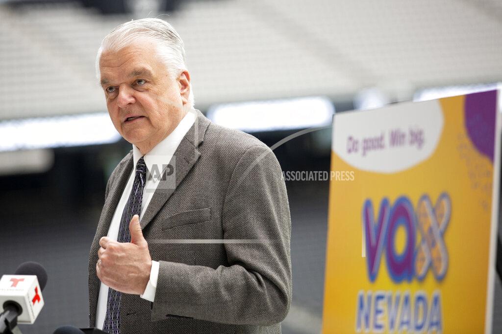 Ellen Schmidt Gov. Steve Sisolak announces a COVID-19 vaccine incentive program, "Vax Nevada Days," in the Twitch Lounge at Allegiant Stadium on Thursday, June 17, 2021, in Las Vegas. The program will automatically enter Nevadans who have had at least one dose of the COVID-19 vaccine into a weekly drawing that offers $5 million in cash and prizes, including a $1 million grand prize. (Ellen Schmidt/Las Vegas Review-Journal via AP)