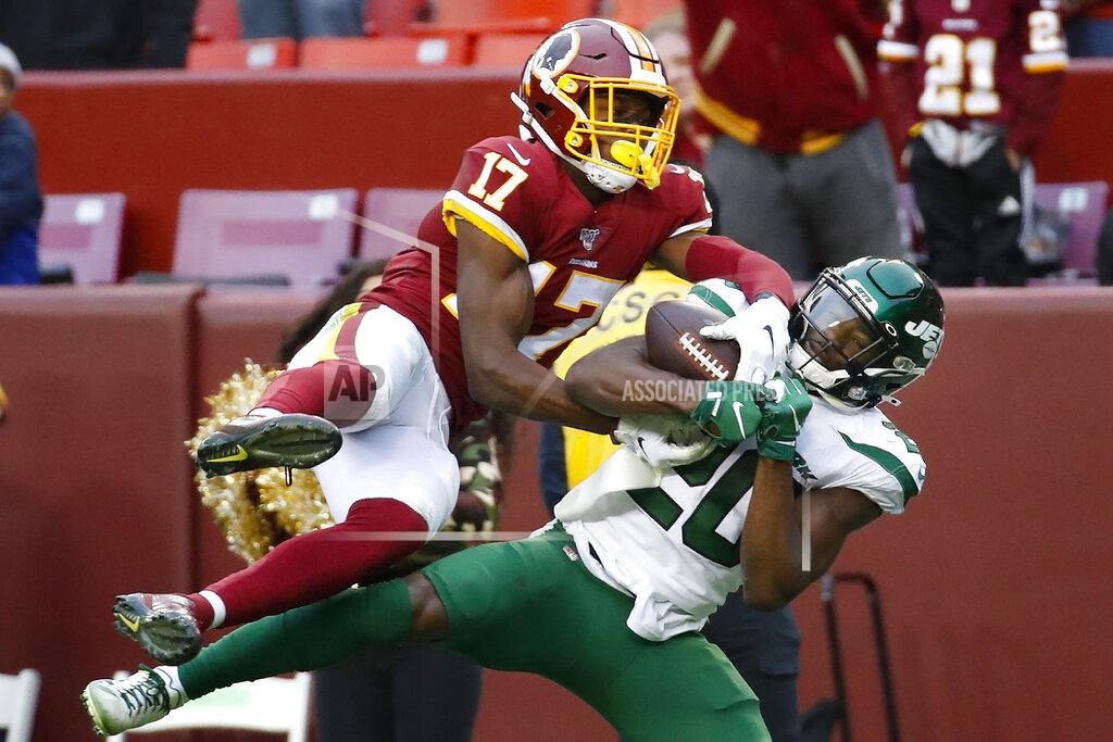 Alex Brandon Washington Redskins wide receiver Terry McLaurin (17) beats out New York Jets free safety Marcus Maye (20) to make the catch during the second half of an NFL football game, Sunday, Nov. 17, 2019, in Landover, Md. New York Jets won the game 34-17. (AP Photo/Alex Brandon)