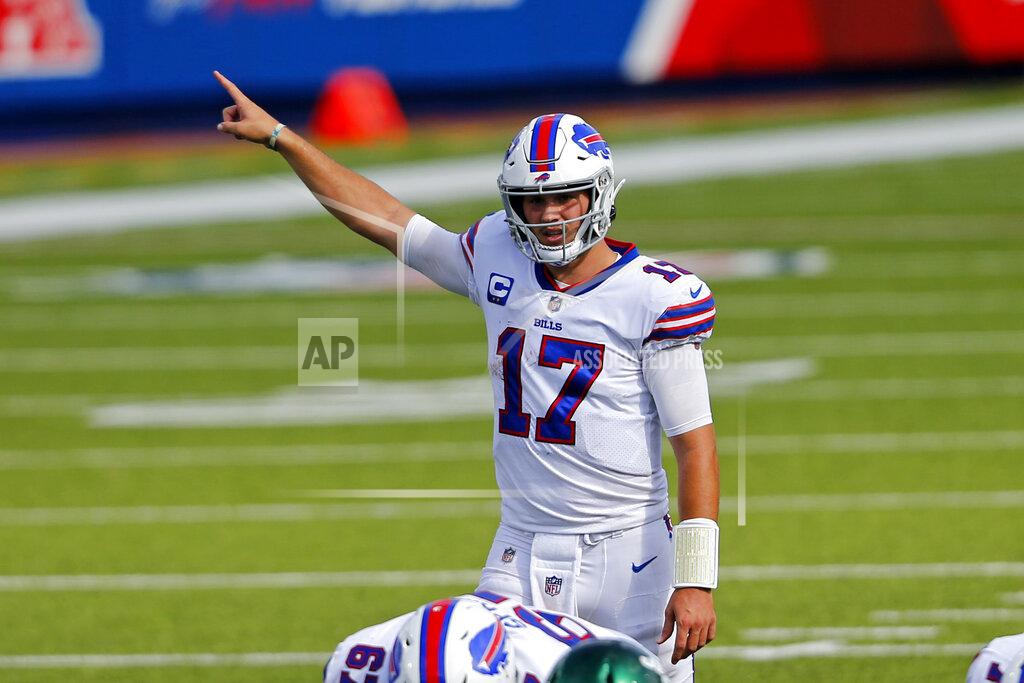 Jeffrey T. Barnes Buffalo Bills quarterback Josh Allen (17) calls a play during the second half of an NFL football game against the New York Jets in Orchard Park, N.Y., Sunday, Sept. 13, 2020. (AP Photo/Jeffrey T. Barnes)