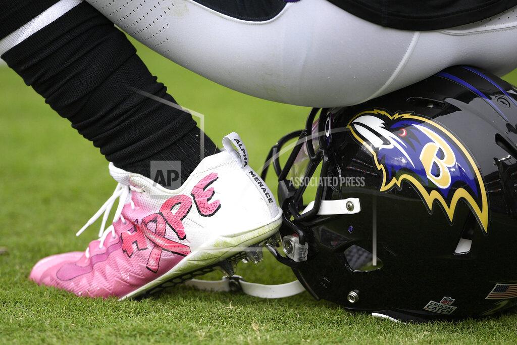 Nick Wass The cleat of Baltimore Ravens cornerback Brandon Carr is seen during the second half of a NFL football game against the Cincinnati Bengals Sunday, Oct. 13, 2019, in Baltimore. (AP Photo/Nick Wass)